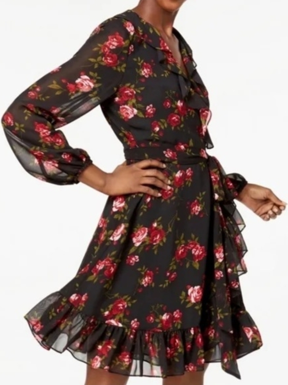 Nine West Black Long-Sleeve Floral Wrap Dress with Red Roses Size 16
